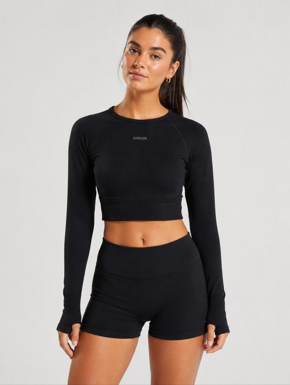 Gymshark Women's Black Long Sleeve Cropped Crew Neck Thumb Holes Tee Size M